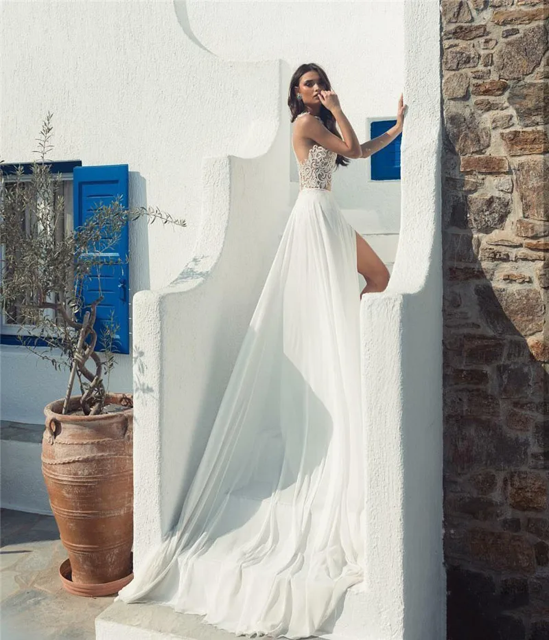 Robe de mariée en mousseline de soie fendue sur le devant, robes de mariée Boho, appliques en dentelle, patients en plein air, quelle que soit l'abiti da sposa a a sirena, priorité