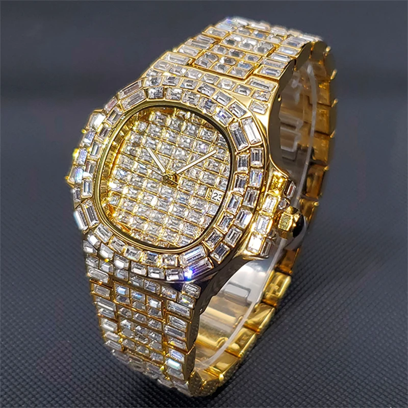 Luxury 18K Gold Men\'s Watches Hip Hop Style Full Diamond Quartz Wristwatch Punk Ice Out Jewelry Bracelet Clock Relógio masculino