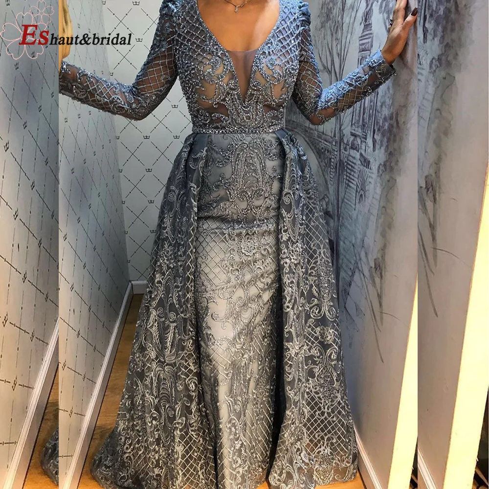 Dubai Full Lace Wedding Evening Night Dresses for Women 2023 Mermaid V-Neck Long Sleeves Crystal Handmade Formal Party Gown