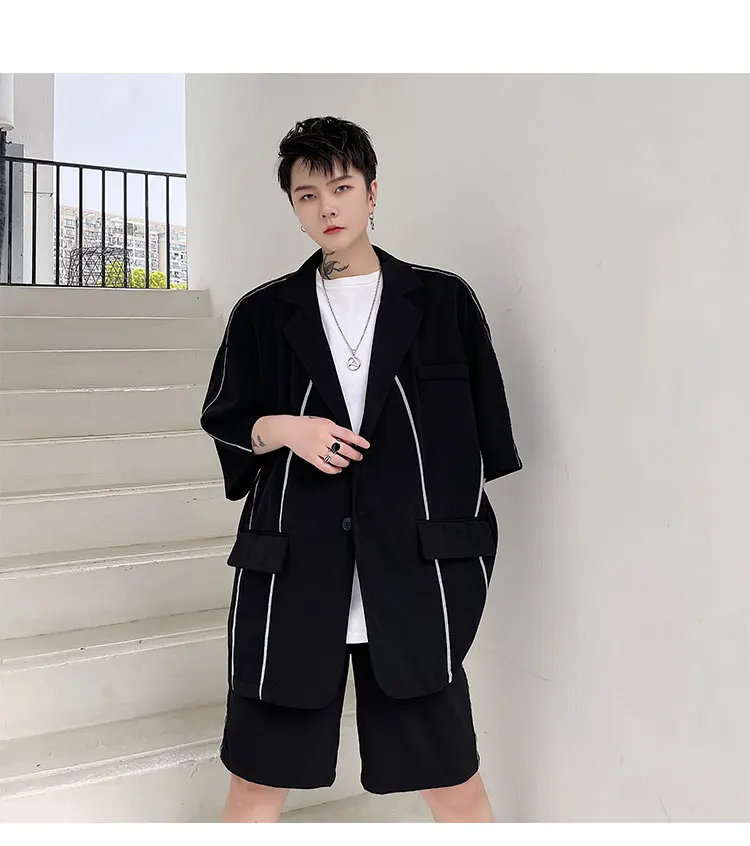 Summer wear personalized reflective strip design Korean men's loose short sleeve suit trendy men's 5-sleeve suit coat