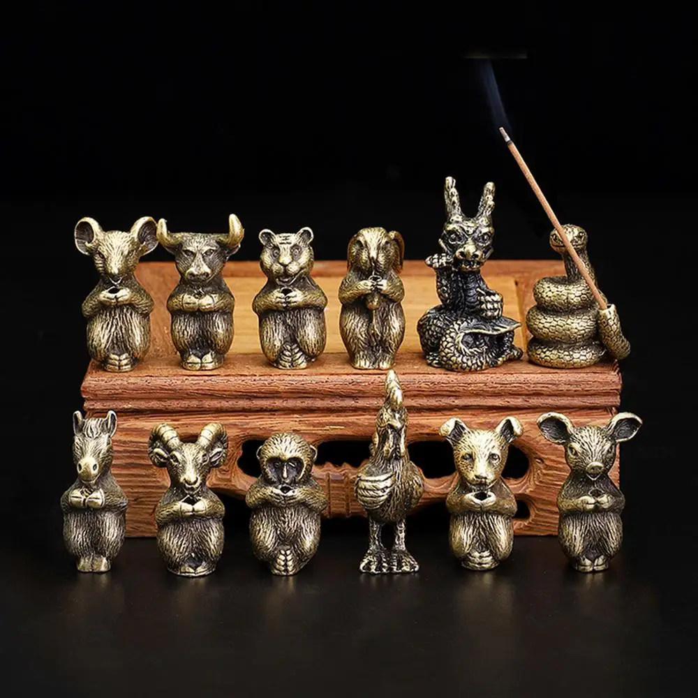 Metal Incense Stick Holder Burner Censer Mini Chinese Zodiac Animal Joss Stick Stand Collectable Figurine for Home Decoration