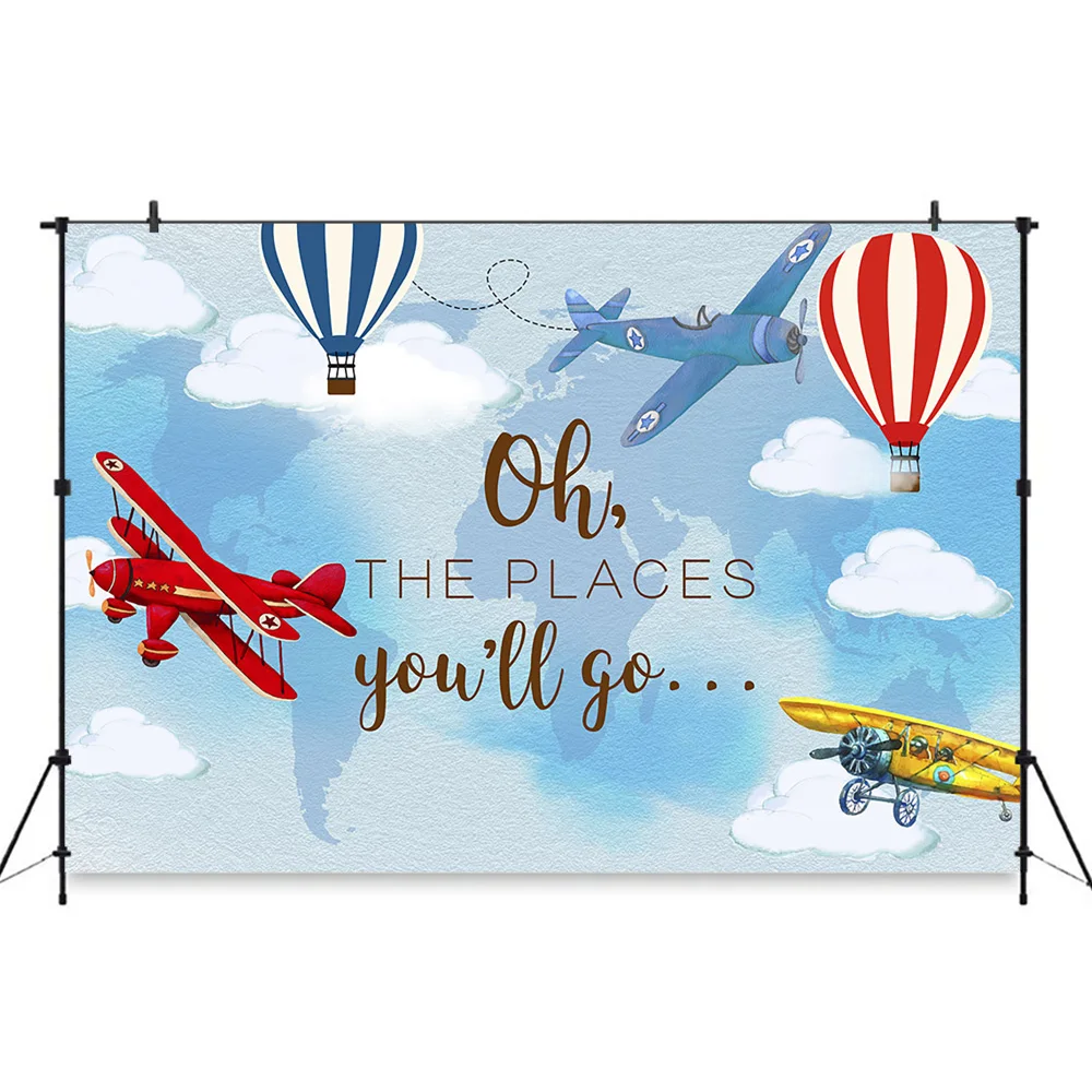 Baby shower Adventure Photography Background Party Air plane Birthday Party Backdrops Oh the you will go Air balloon Fantasy Pho