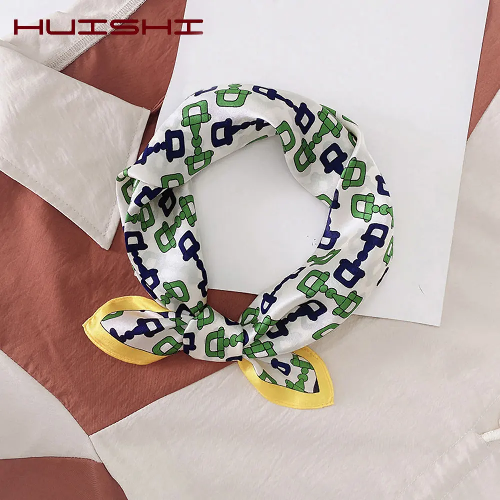 HUISHI Woman Scarf Real Silk Print Chain Green Red Small 53cm Scarf Foulard Head Neck Hair Tie Silk Bandana For Women Ladies