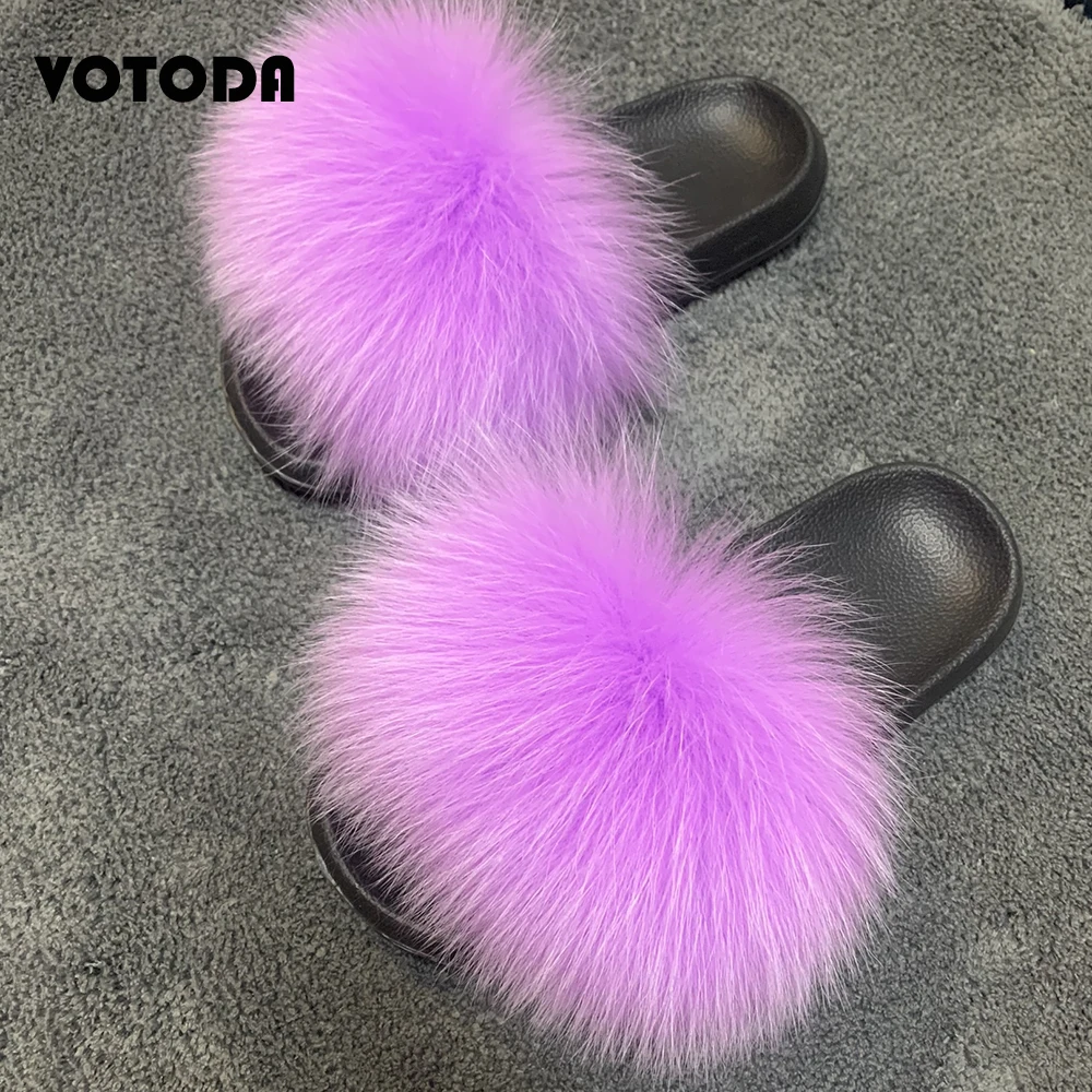 Summer Women Fur Slippers Fluffy Raccoon Fur Slides Girl Furry Fox Fur Sandals Wholesale Cute Flat Home Shoes Flip-Flop Dropship