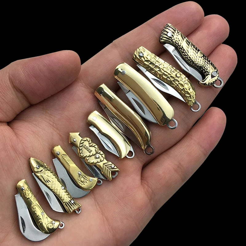 Mini Pocket Folding Knife Outdoor EDC Foldable Fruit Knives Creative Key Ring Multifunction Brass Keychain Pendant Knife