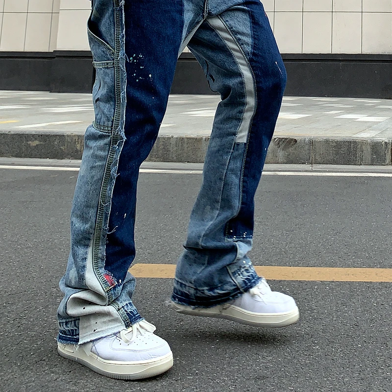 Vintage Distressed Splash Ink Flare Jeans Mens Streetwear Patchwork Hip Hop Graffiti Heavy Wash Blue Slim Fit Denim Pants Men