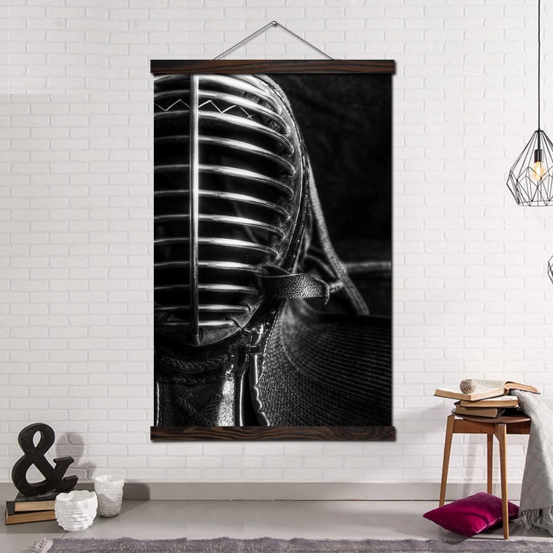 Wall Art Decor Posters and Prints Framed Scroll Canvas Painting Decorative Picture for Home Decoration Kendo in Black Helmet