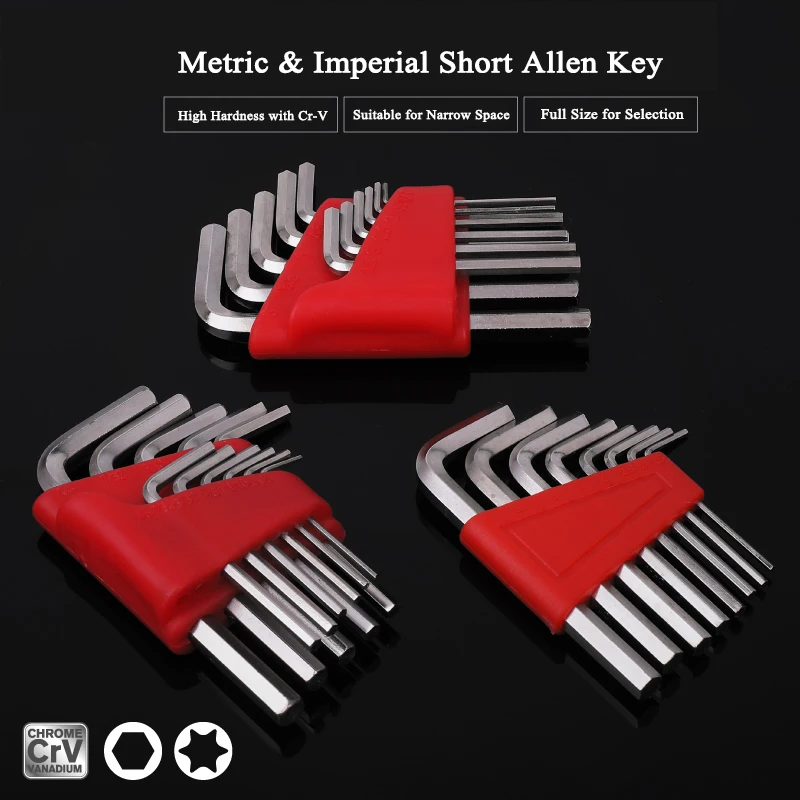 Bộ 11 Bộ Chìa Lục Giác 0.05 "- 1/4" Inch & 1.27Mm-6Mm Hệ Mét SAE Kích Thước allen Cờ Lê Crôm Vanadi Thép Không Gỉ Tay Ngắn Dụng Cụ