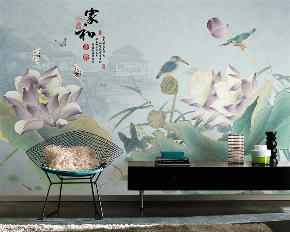 

WELLYU 3D Custom new wall paper chinese style hand painted lotus bird illustration modern wallpaper sofa tv background wallpaper