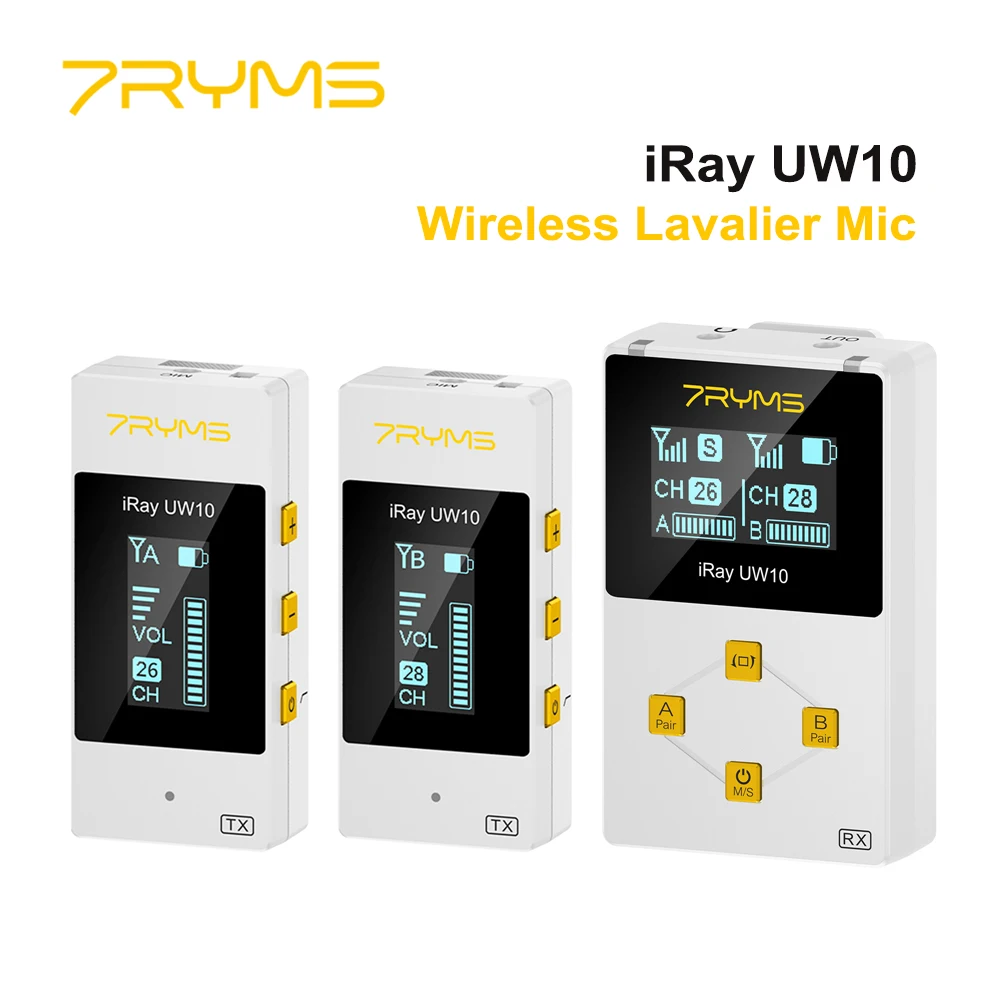 7RYMS iRay UW10 UHF Wireless Microphone System Lavalier Mic 1-to-2 for Camera Phone Interview Video Recording Live Show YouTube