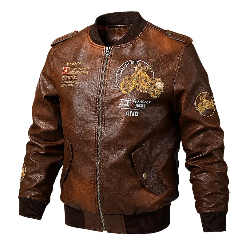 High Quality Men\'s Leather Jacket Coat 5XL Embroidery Streetwear Casual PU Leather Bike Jackets Men Clothing Moto Jacket A2F8111