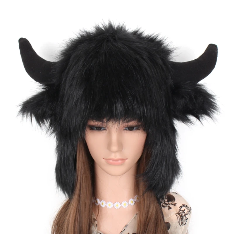 Winter Furry Plush Trapper Hat Ox Horns Deer Antlers Earflap