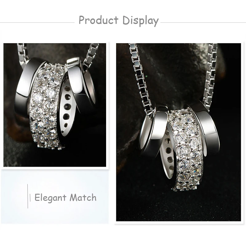 New Fashion Three Rotatable Round CZ Pendant Neckalces 925 Sterling Silver Lovely Rhinestone Circle Necklace Women Jewelry Gift