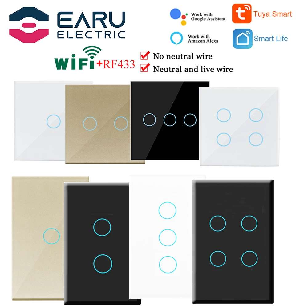 

EU/US 1/2/3/4 Gang Smart RF433 Wifi Wall Light Touch Switch Glass Panel No Neutral Wire Required Alexa Google Smart Life Tuya