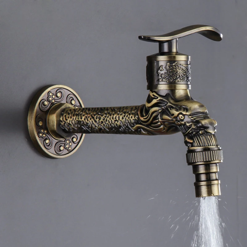 Lengthen Carved Wall Mount Garden Faucet Zinc alloy Retro Bibcock Decorative Outdoor Faucet Lengthen WashingMachine Mop Tap