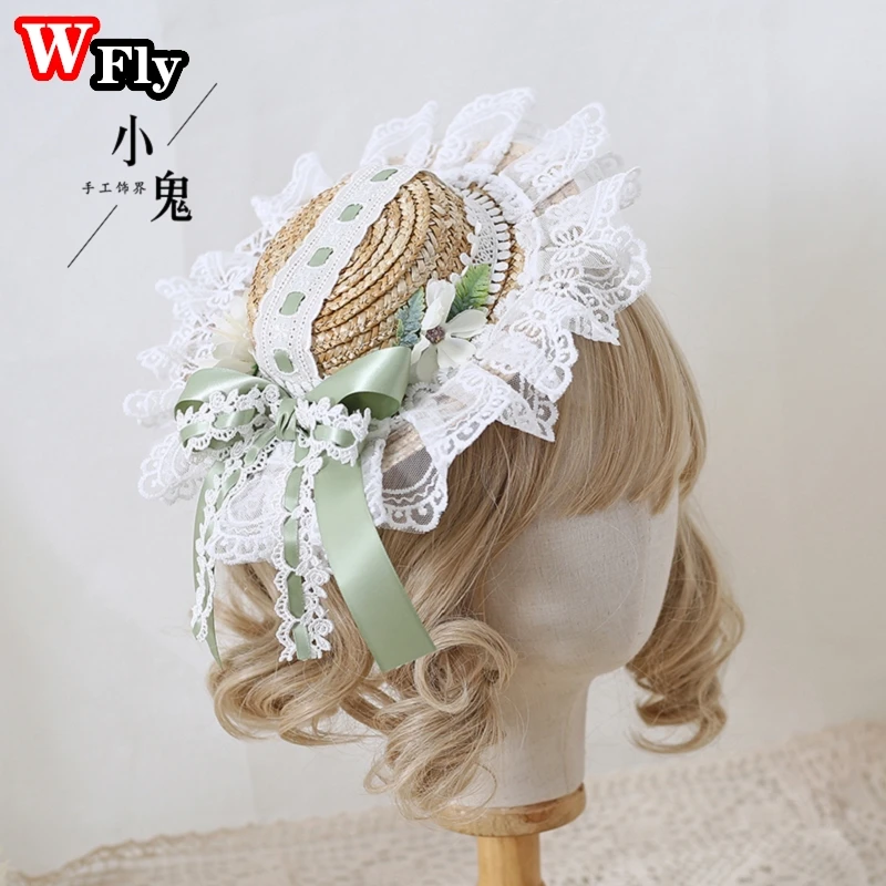 Harajuku Sweet Women Girls Summer Straw hat Beach Sun Hat Handmade kawaii Lolita Princess Lace Bow Straw Hats decorate Headdress