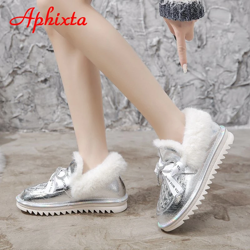 APHIXTA Plush Warm Silver Winter Snow Women Boots Shoes Platform Flat Heel Bling Crystals Bow Waterproof Fur Round Head Shoes