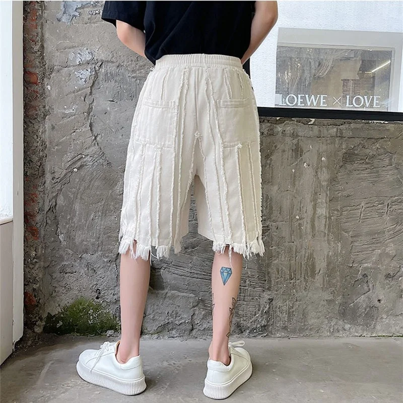 New Summer Men Denim Shorts Hip Hop Tassel Knee Length Shorts Elastic Waist Loose Fit Casual Harem Shorts Male M-XL Solid Color