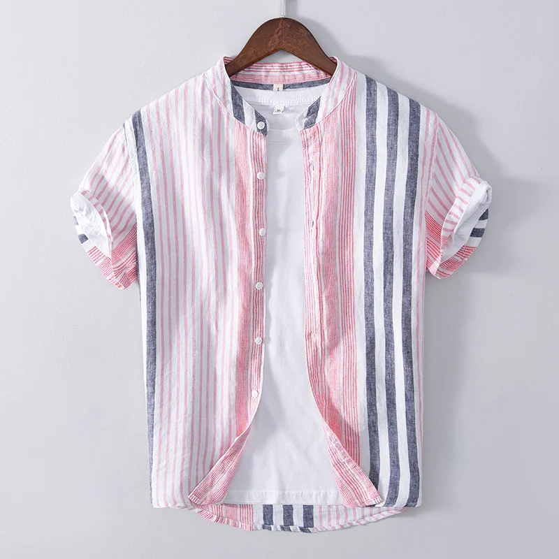 Summer new style Suehaiwe's brand Italy pure linen shirt men stand collar striped shirts for men tops mens clothing chemise