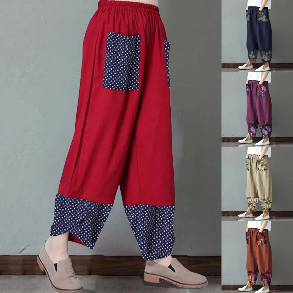 Pants Fashion Ethnic Print Casual Patchwork Pocket Pants Ladies Loose Wide Leg Pants Elegant Street Ladies Pants