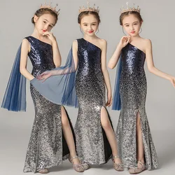 Girl Black Sequined Mermaid Dress Kids Elegant Gowns Children Sleeveless Princess Frocks Girls Wedding Birthday Party Dresses