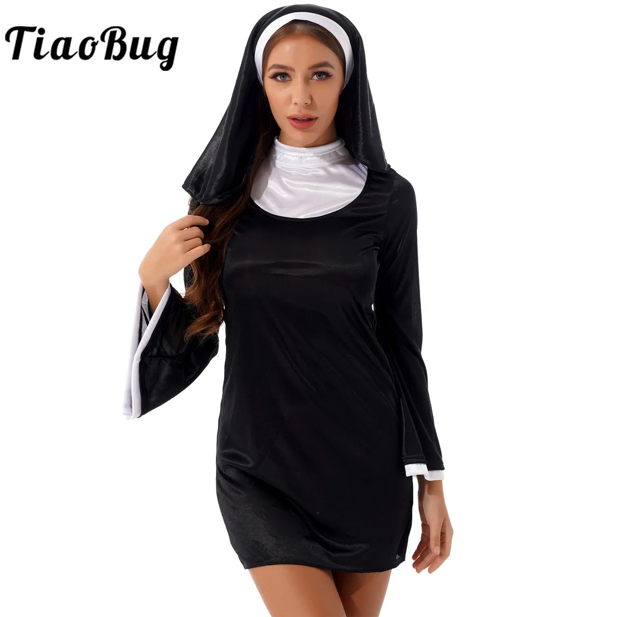 Plus Size Naughty Nun Costume Women Adults Sexy Halloween Roleplay Outfit Mini Dress with Nun Headscarf