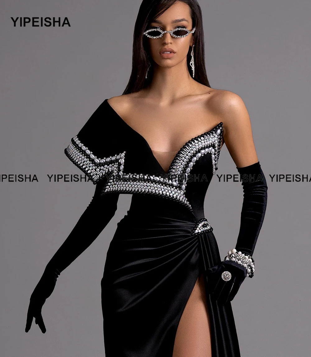 Customized Asymmetric Velour Prom Dress Pearls High Slit Pageant Dress Mermaid Black Velvet Evening Gown Robe de Soiree