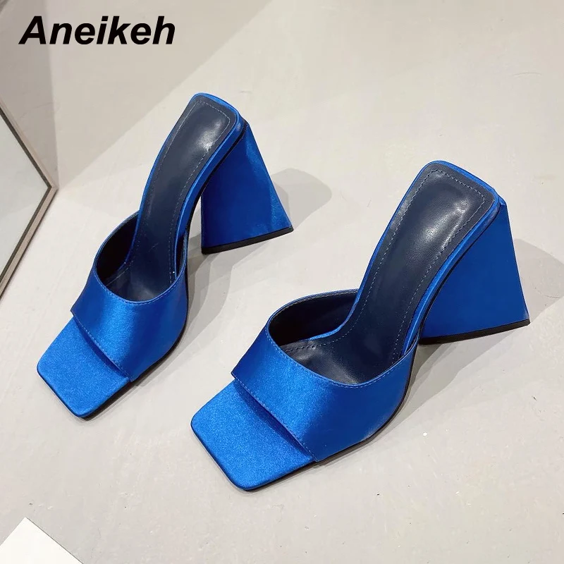 Aneikeh Women\'s Shoes Silky Wide Band Triangle High Transparent High Heel Comfortable Mules Concise Slip-On Outdoor Slippers 41