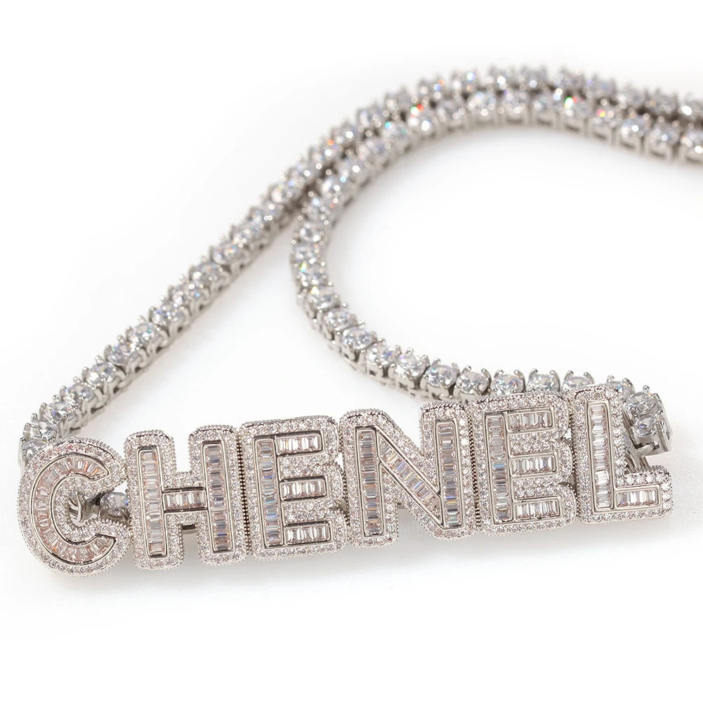 TBTK Custom Small Baguettecz Letter Back Clasp Pendant Necklace With CZ Tennis Necklaces Zirconia For Women And Men Jewelry