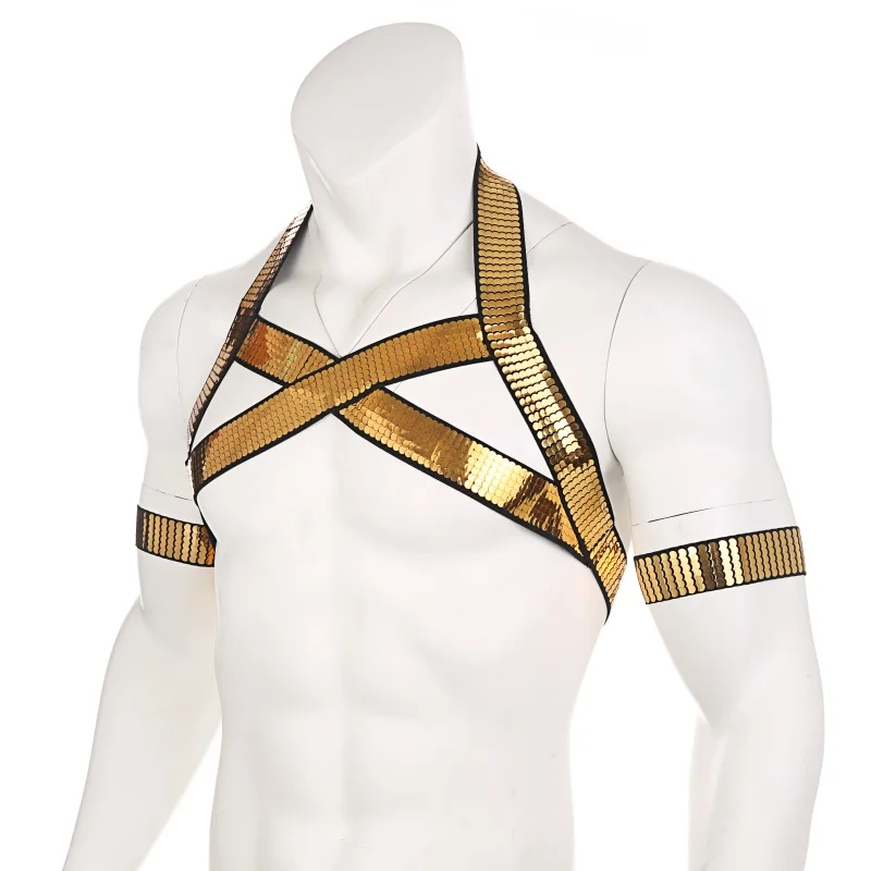 CLEVER-MENMODE Golden Harness Men Body Chest Strap Sexy Bondage Fetish Lingerie High Elastic Clubwear hombre Costume Arm Band