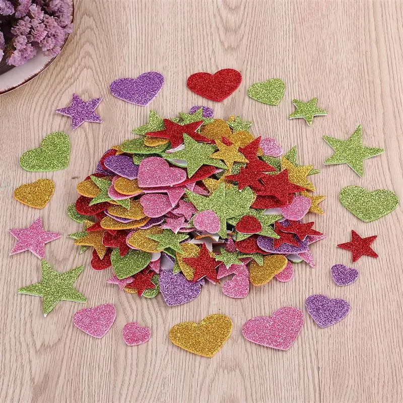 ULTNICE 150pcs Bling Scrapbook Stickers Foam Star & Heart Glitter Stickers for Wall Ceiling Projects (Random Color &