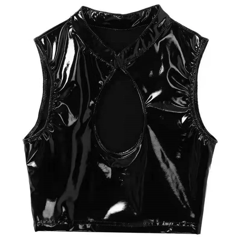 Women Sexy Shiny Leather Vest Erotic Porn Deep U Bare Breast Patent Leather Camisole Glossy Shaping Latex Sheath Crop Tank Tops