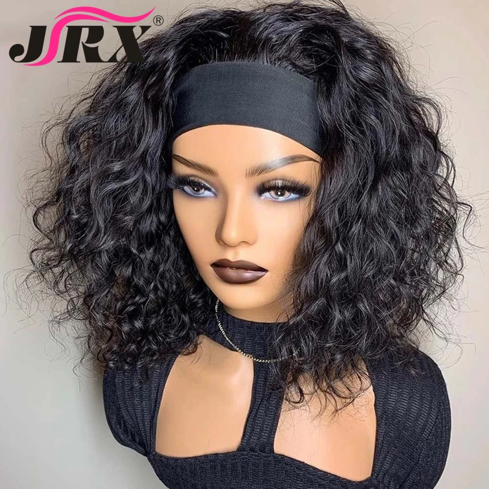 

Natural Black Full Machine Made Wig Short Bob Curly Human Hair Wigs With Head Band Wigs Peruvian 180% Water Wave Remy Hair