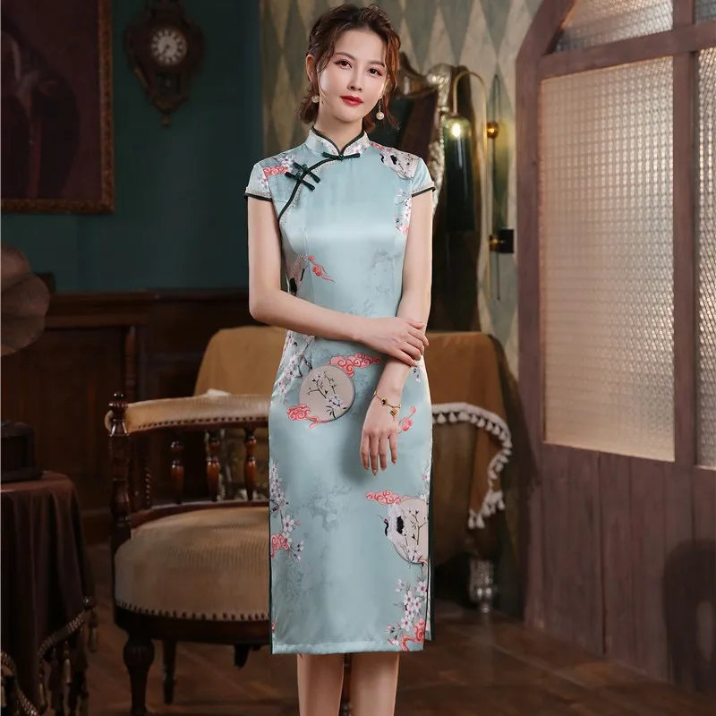 

Women Elegant Print Summer Medium Length Qipao Exquisite Lace Trim Novelty Chinese Dress Slim Improved Cheongsam Dresses