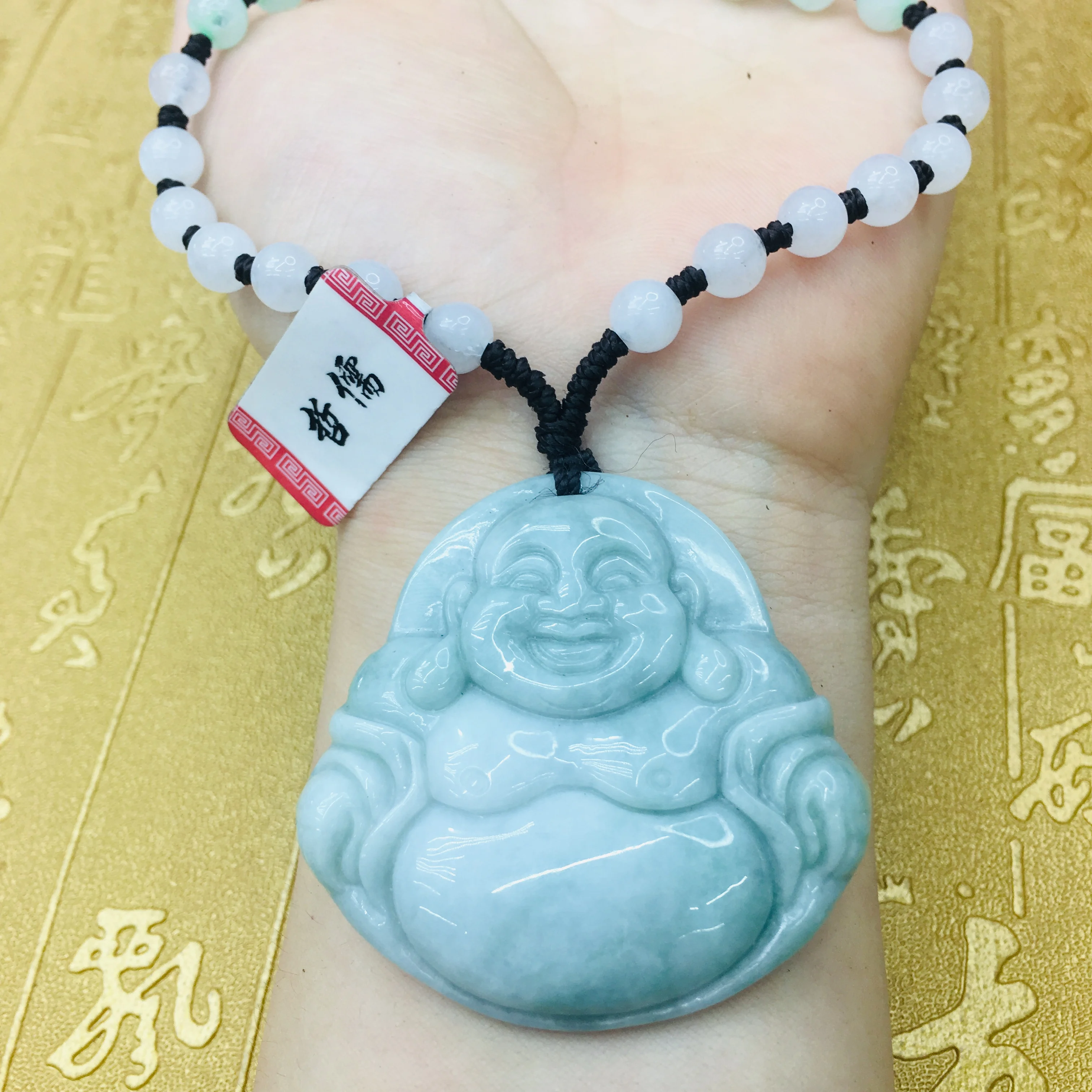 Natural JADESt Pendant Carved Green Happy Buddha Pendant with Tri-Color Bead Necklace Ladies Pendant Chain