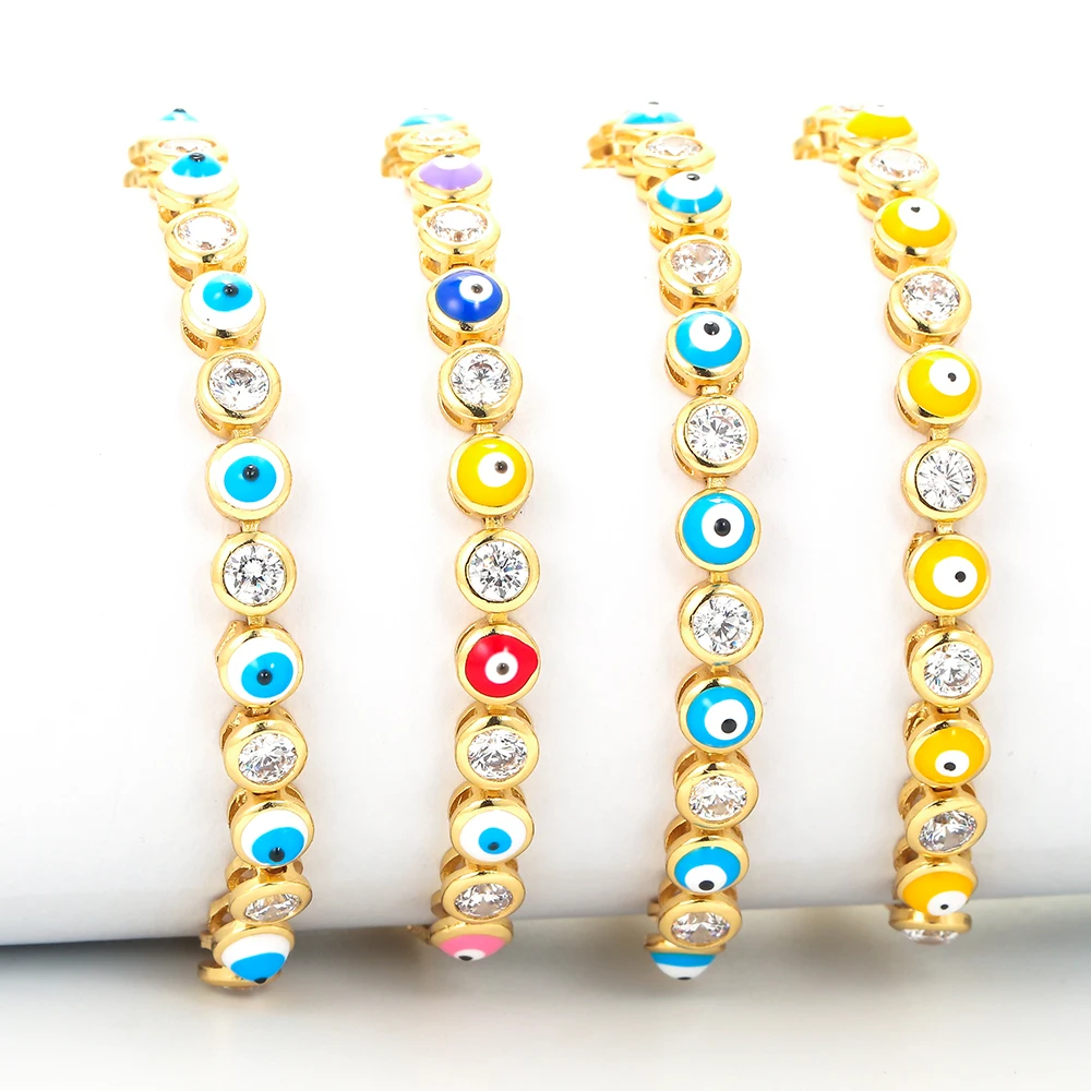 EYIKA New Fashion Colorful Enamel Turkish Evil Eye Adjustable Tennis Bracelet Round Zircon Link Chain Women Girl Bohemia Jewelry