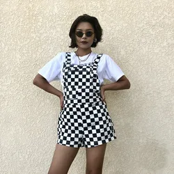 Women Vintage Checkerboard Plaid Jumpsuit Suspender Overalls Straps Romper Playsuit Streetwear Casual Shorts One Piece Outfit