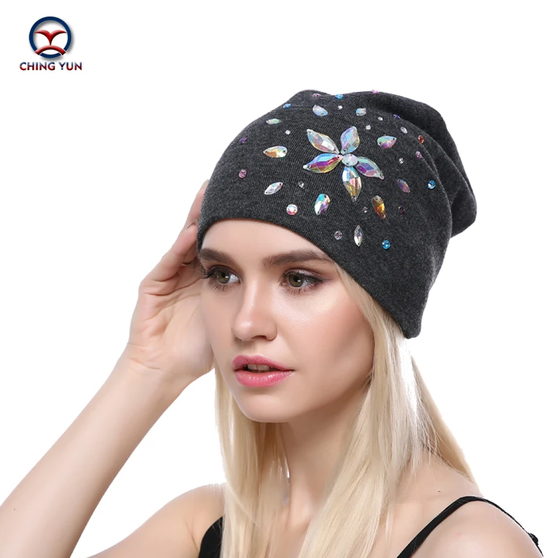 

CHING YUN 2019New Fashion Winter Warm three colors big Rhinestone Cute High Quality Wool Female Hat Solid Color Knitted Hat