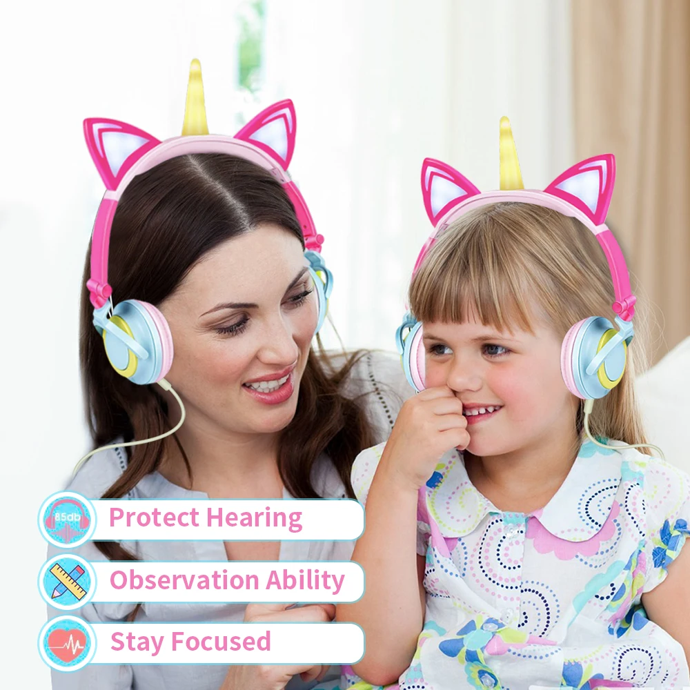 Original Unicorn Headphones LED Flashing Children Headphone Foldable Music Wired Headphones Cat Ear Gaming Headset Kids Gifts