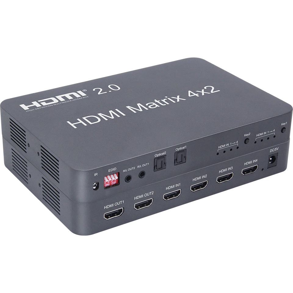 HDMI 2.0 Matrix 4x2 Scaler 4K 60Hz HDMI Switch Splitter Matrix support audio independent out by Optical or Stereo LPCM/Dolby/DTS