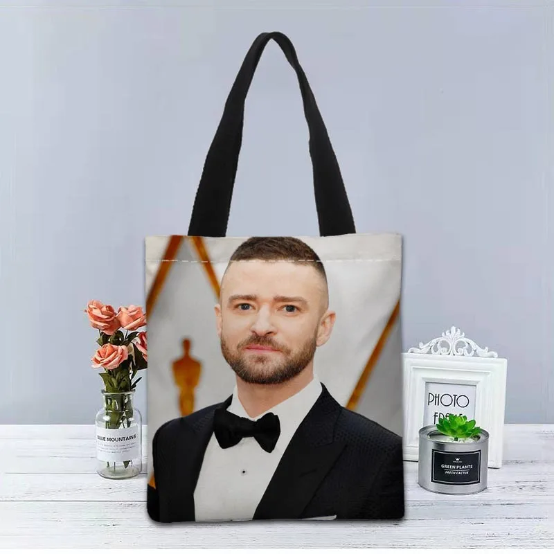 Logotipo personalizado justin timberlake impresso bolsa de lona sacolas compras viagem casual útil bolsa de ombro feminina 1208