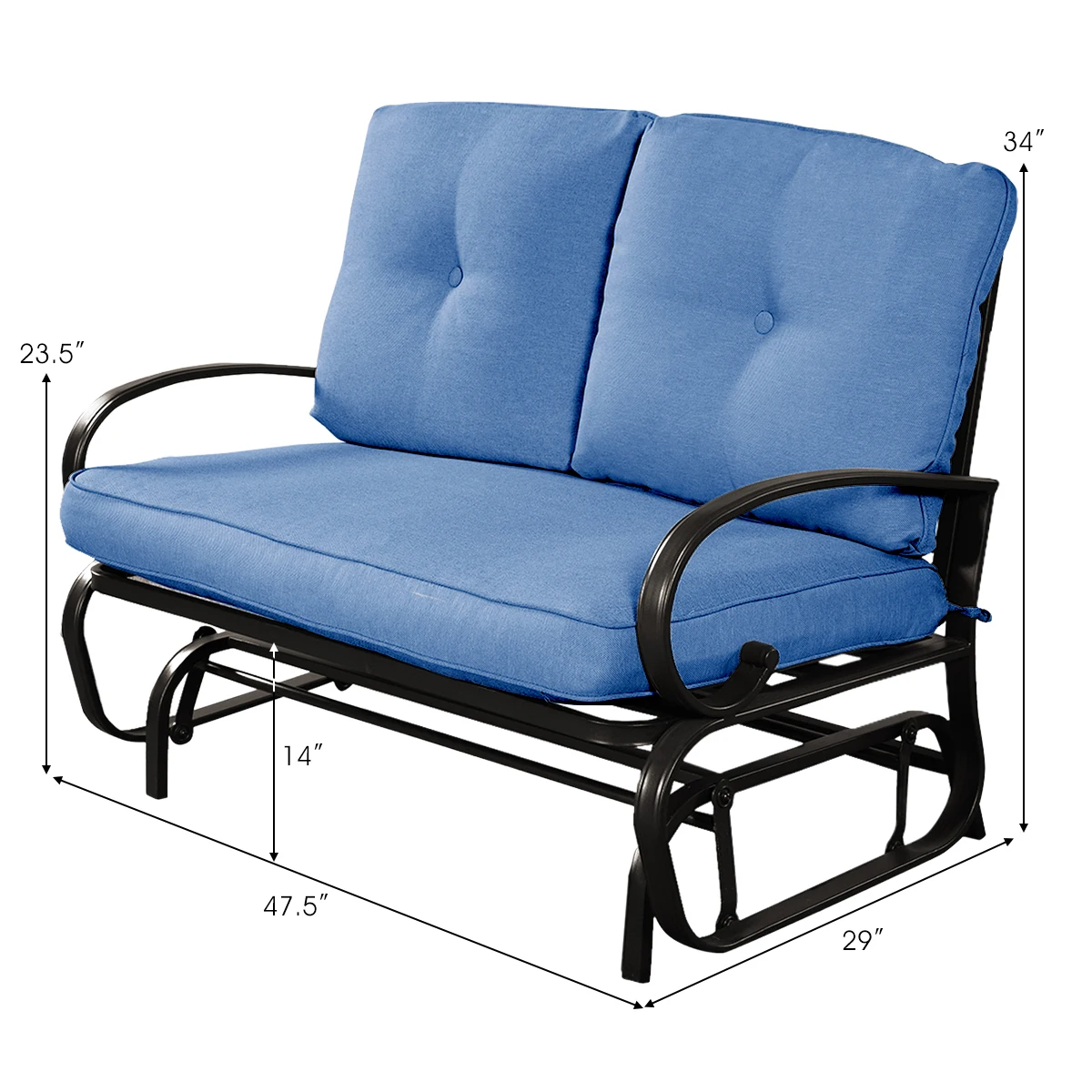 Costway Glider Outdoor Patio Rocking Bench Loveseat Cushioned Seat Steel Frame Blue