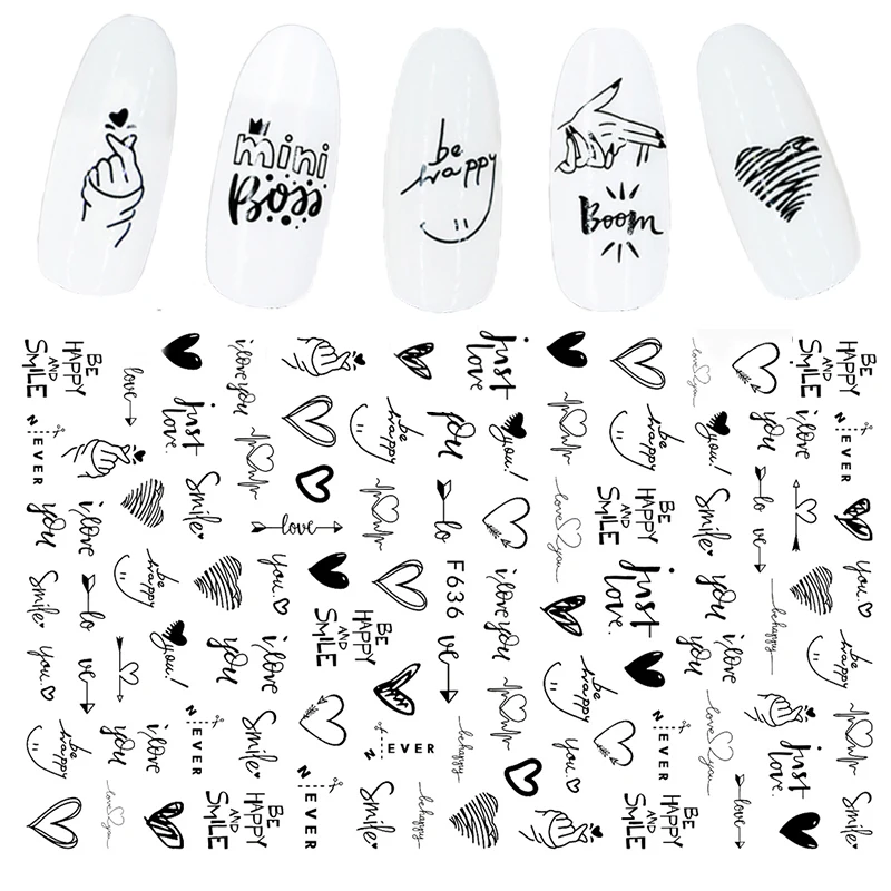 Hart Liefde Ontwerp 3D Nail Sticker Engels Brief Stickers Gezicht Patroon Trasnfer Sliders Valentijnsdag Nail Art Decoratie