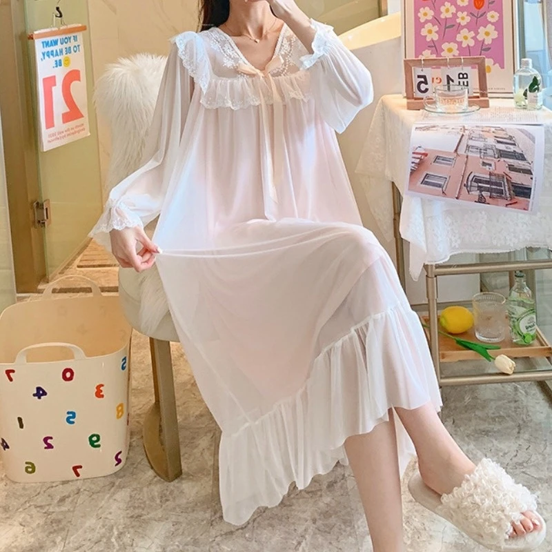 Romantic Nightgown Women Autumn Mesh Fairy Night Dress Victorian Peignoir Vintage Princess Sleepwear Lolita Nightie Nightdress