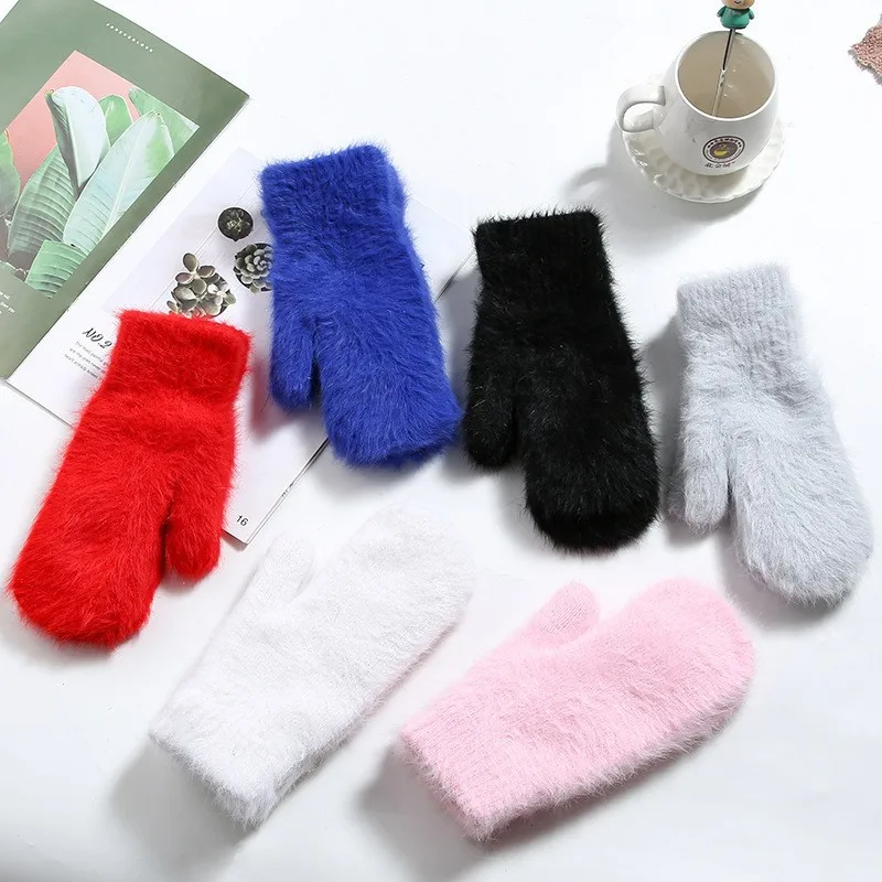 

New Women Winter Keep Warm Plus Cashmere Velvet Thicken Elasticity Full Fingers Mittens Gloves Imitation Rabbit Fur Knitted Wool