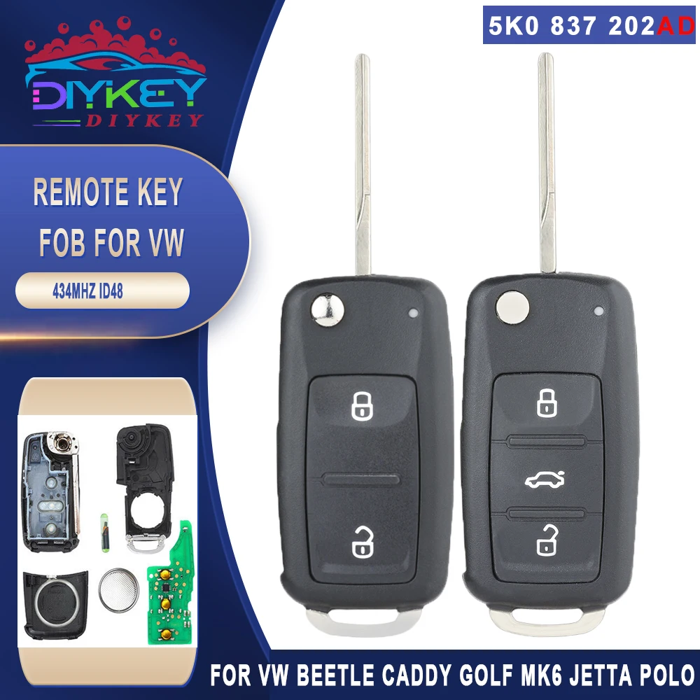 

DIYKEY 5K0 837 202 AD, 5K0837202AD Flip Remote Key Fob 434MHz ID48 Chip for VW Beetle Caddy Golf Mk6 Jetta Polo Touran Tiguan