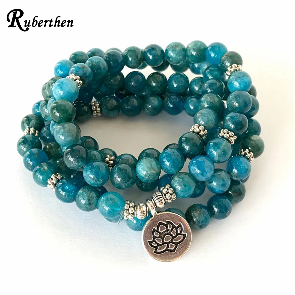 Ruberthen Natural AAA Grade APATITE 108 Mala Bracelet Fashion Meditation Gemstones Bracelet Women`s Lotus Charm Yoga Bracelet