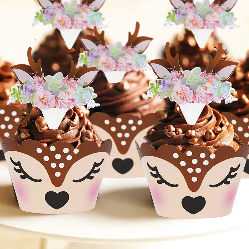 12/24 stücke Cartoon Sika Deer Cupcake Wrapper Geweih Papier Kuchen Topper Frohe Weihnachten Weihnachten Neue Jahr Geburtstag Party Dekoration – Detail 15