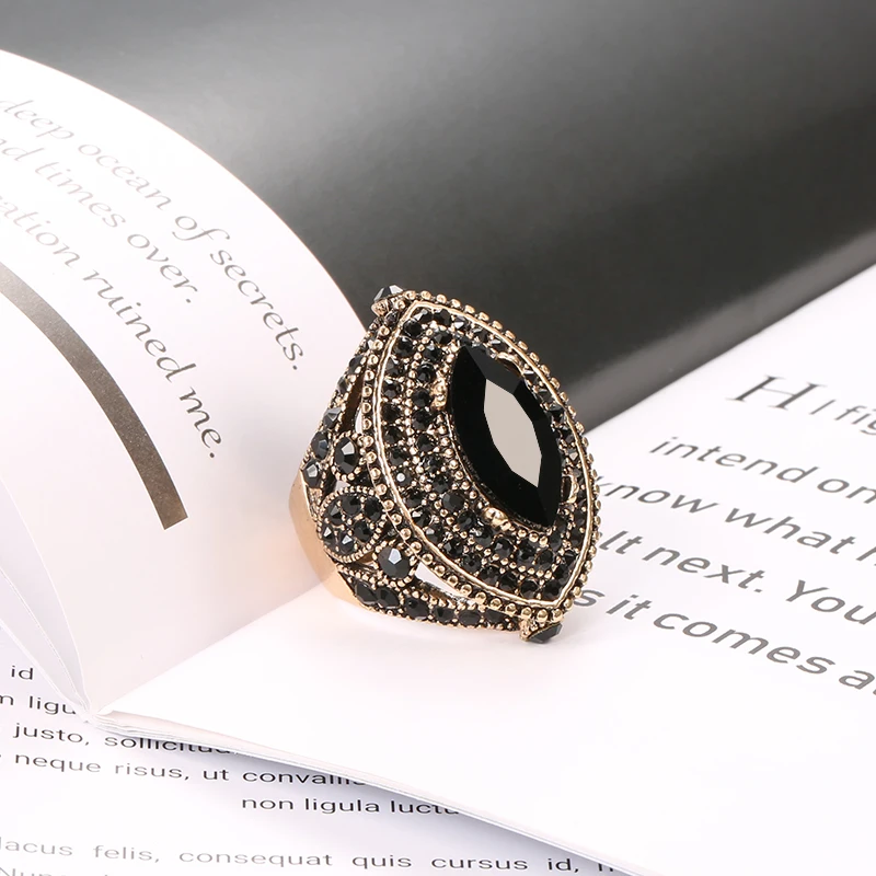 Kinel Luxury Black Antique Ring For Women Vintage Look AAA Crystal Boho Jewelry Gold Color Charm Ethnic Wedding Ring