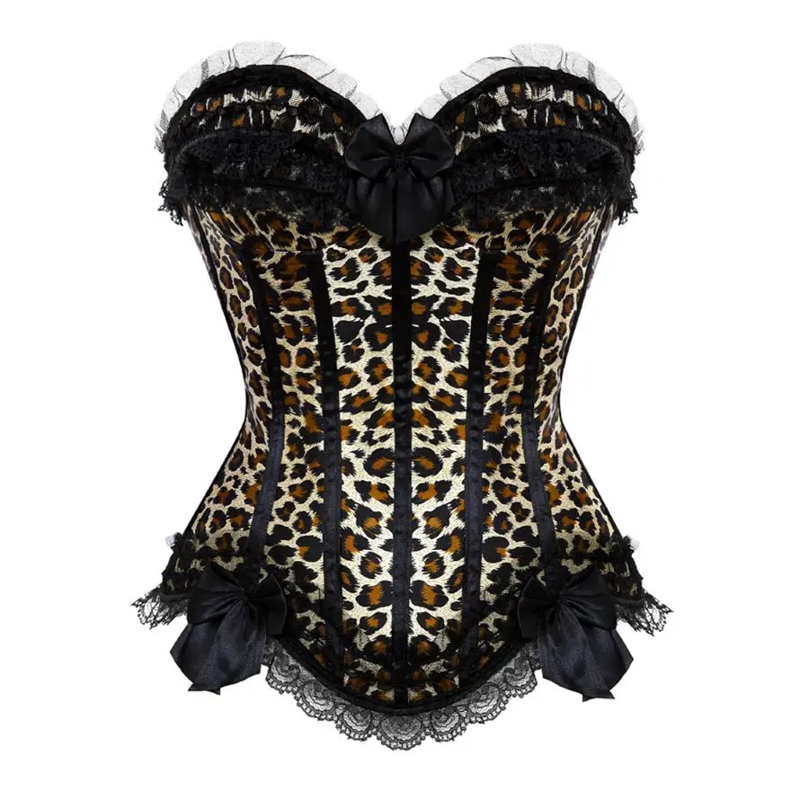 Women Sexy Lace Bow Trim Overbust Corsets Bustiers Showgirl Satin Waist Cincher Body Shaper Lace Up Corset Bustier Lingerie Top